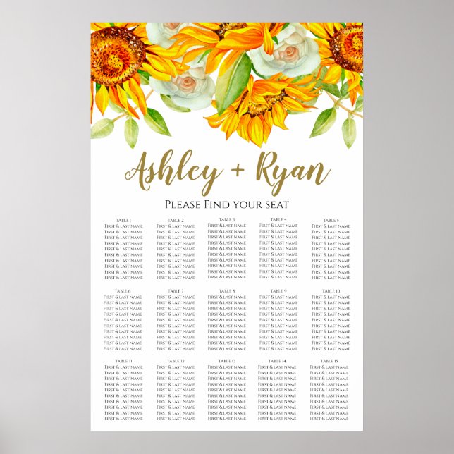 Poster Plan de table de mariage Tournesol élégant (Devant)