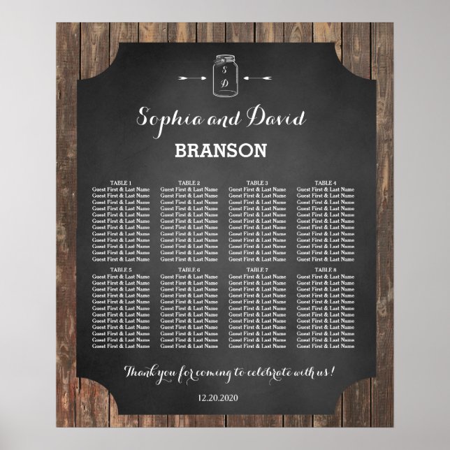 Poster Plan de table de mariage unique en pot Mason rusti (Devant)
