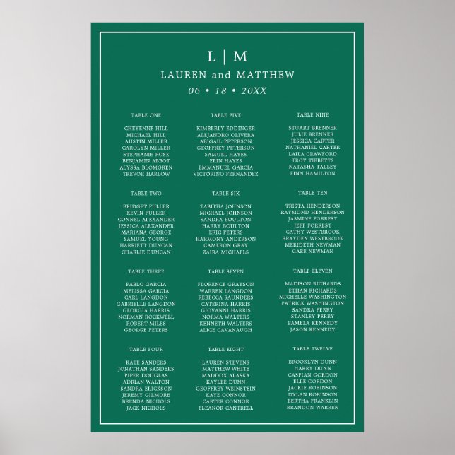 Poster Plan de table de mariage vert émeraude simple (Devant)