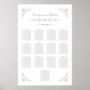 Poster Plan de table de mariage vintage argenté avec fior