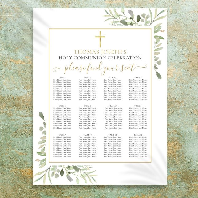 Poster Plan de table de première communion verte dorée (First Holy Communion Greenery Gold Seating Chart)