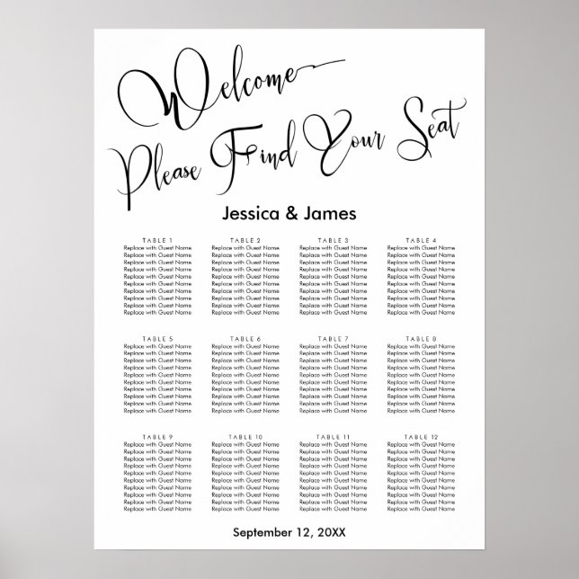 Poster Plan de table de réception de mariage en écriture  (Devant)