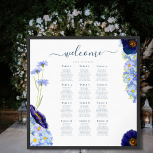Poster Plan de table élégant floral bleu pour mariage à 1