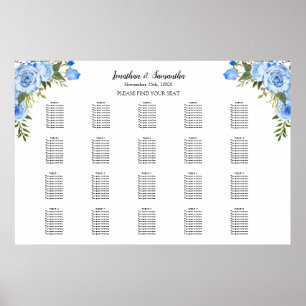 Poster Plan de table Fleurs Bleues 20 tables Mariage