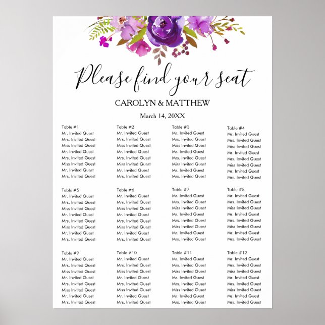 Poster Plan de table floral aquarelle lilas et violet (Devant)