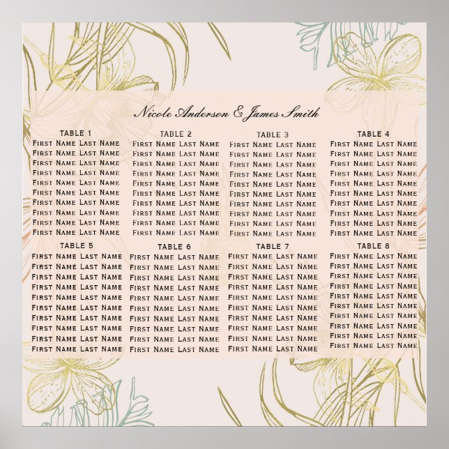 Poster Plan de table floral botanique tropical élégant (Devant)