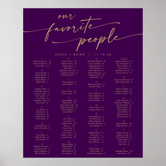 Poster Plan de table imprimable Boho or et violet (Devant)