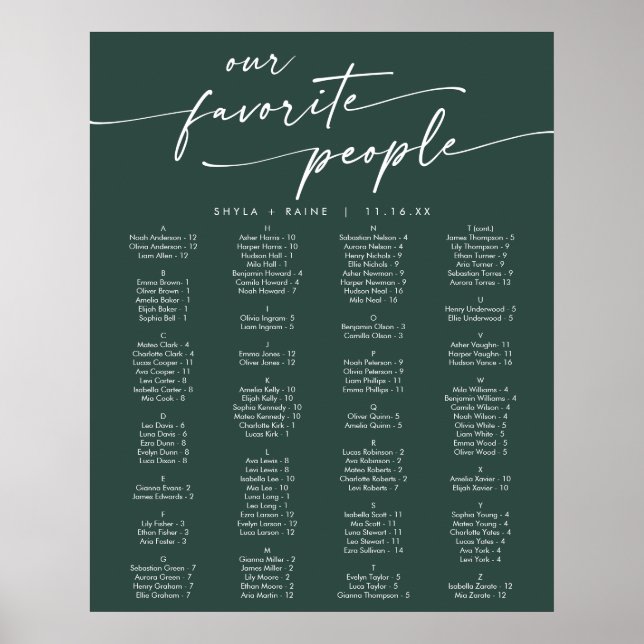 Poster Plan de table imprimable vert émeraude Bohème Chic (Devant)