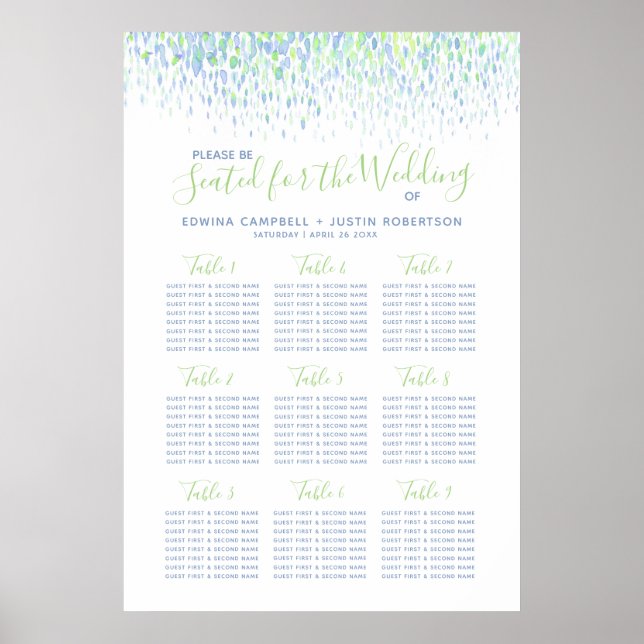 Poster Plan de table mariage abstrait bleu vert (Devant)
