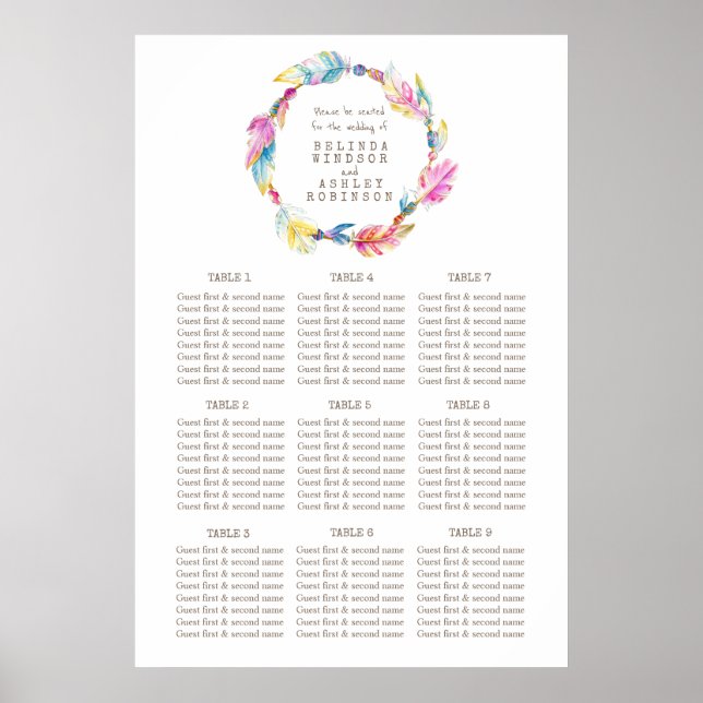 Poster Plan de table mariage couleur plume aquarelle (Devant)