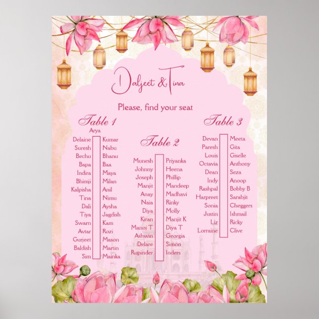 Poster Plan de table mariage indien lotus rose (Devant)