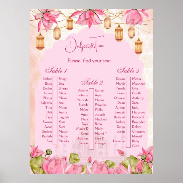 Poster Plan de table mariage indien lotus rose (Devant)