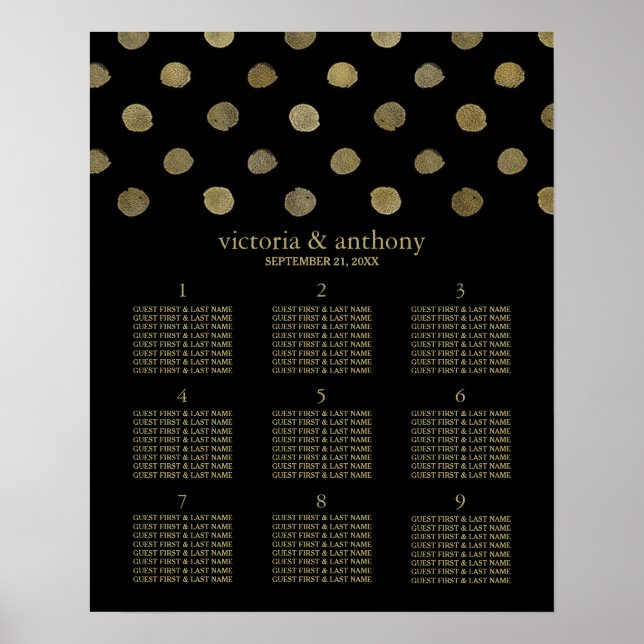 Poster Plan de table Pois Black & Gold moderne (Devant)