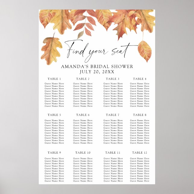 Poster Plan de table pour la douche de la mariée aux feui (Devant)