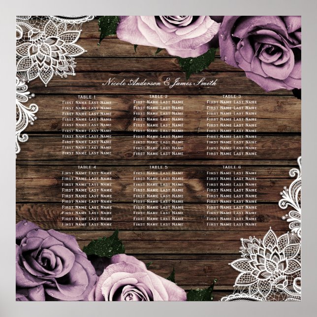 Poster Plan de table rustique en bois avec roses mauves p (Devant)