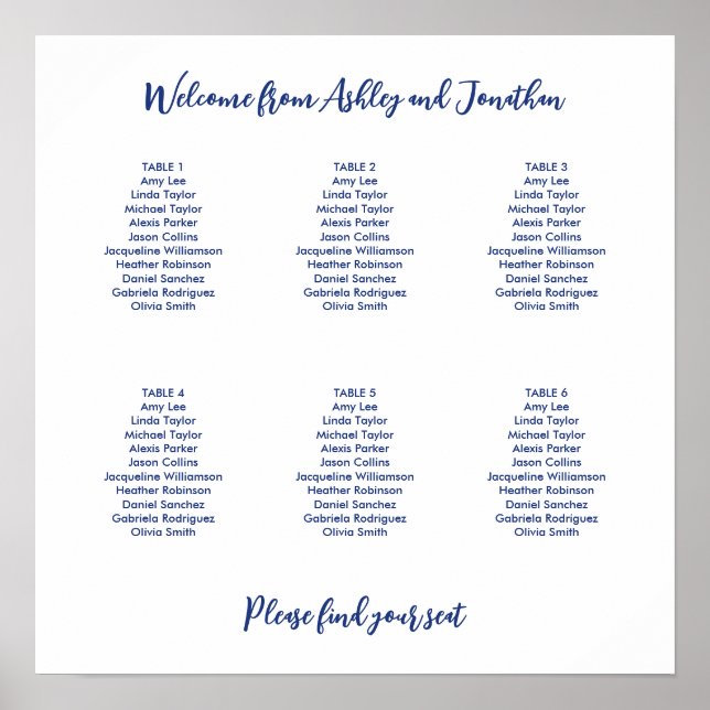 Poster Plan de table simple 6 tables bleu foncé (Devant)