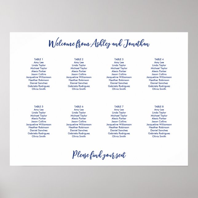 Poster Plan de table simple 8 tables bleu foncé (Devant)