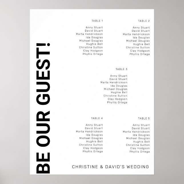Poster Plan de table Simple Blanc Mariage 5 tables (Devant)