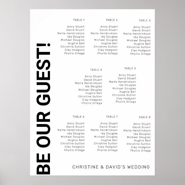 Poster Plan de table Simple Blanc Mariage pour 8 tables (Devant)