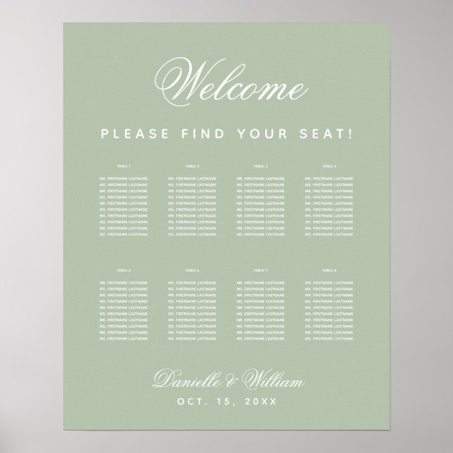 Poster Plan de table simple mariage vert sauge 8 tables (Devant)