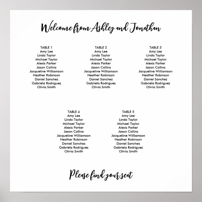 Poster Plan de table simple moderne pour 5 tables (Devant)