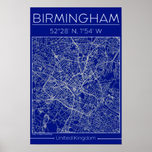 Poster Plan de ville de Birmingham Blueprint Minimal Wall