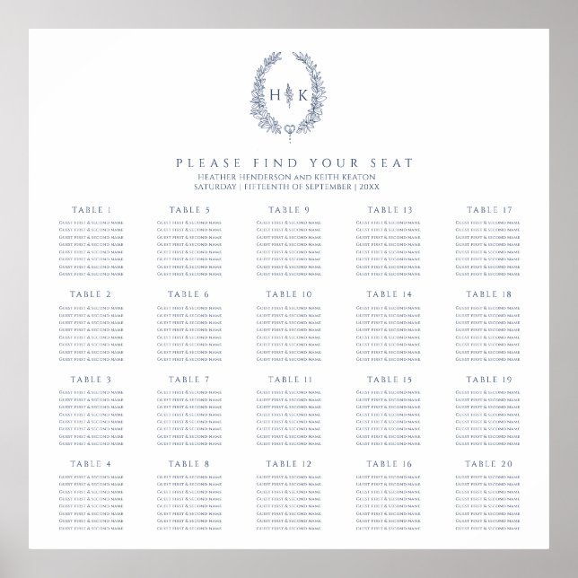 Poster Plan des tables de 20 mariages bleu foncé ovale (Devant)