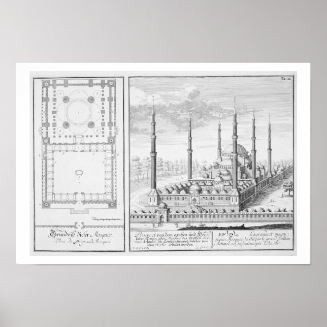 Poster Plan et vue sur la Mosquée Bleue (1609-16), constr (Devant)