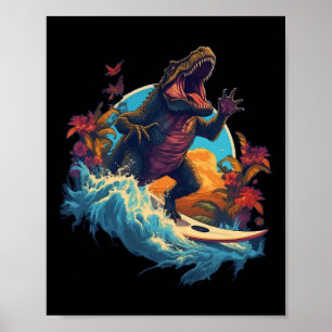 Poster Planche de surf dinosaure plage surf surfeur dinos