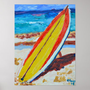 Poster Planche de surf rouge et jaune sur une plage de sa