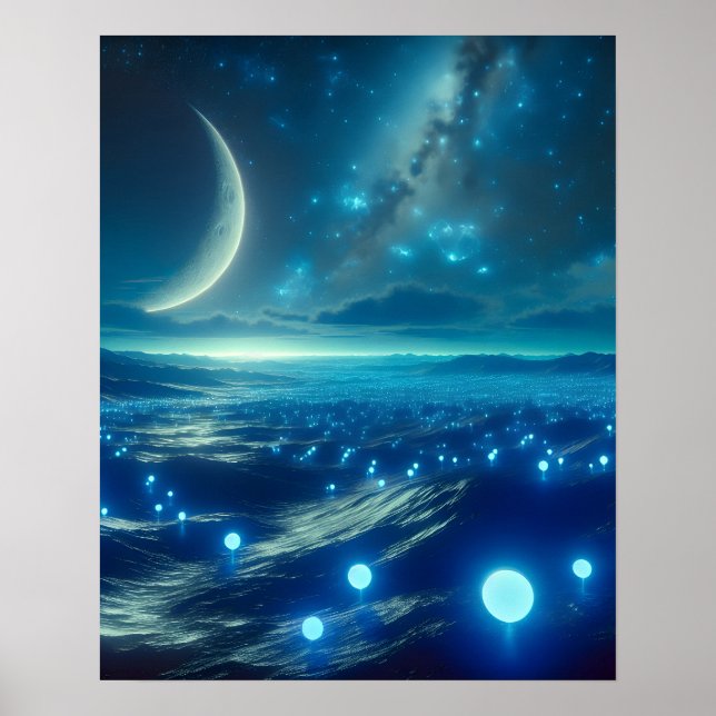 Poster Planète Alien et LIformes Aliens en bleu (Devant)