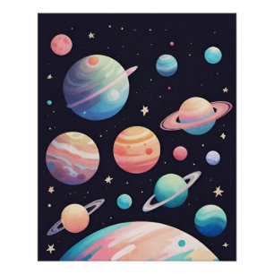 Poster Planètes couleur pastel dans l'espace sombre