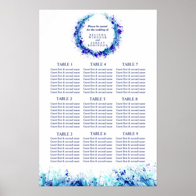 Poster Planificateur de table de mariage assis art bleu 1 (Devant)