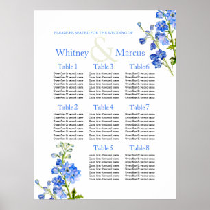 Poster Planificateur de table de mariage bleu Delphinium