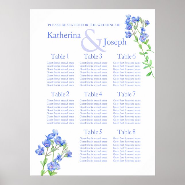 Poster Planificateur de table de mariage bleu Speedwell 1 (Devant)