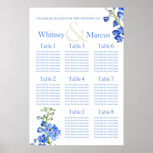 Poster Planneur de table de Mariage bleu Delphinium (Devant)