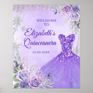 Poster Plante florale en argent violet Quinceañera Bienve