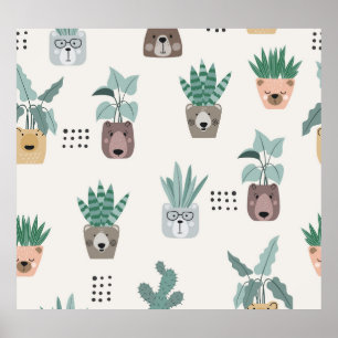Poster Plantes de dessin : Visage d'ours sans couture