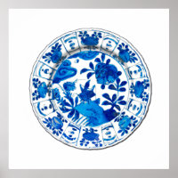Plaque chinoise antique, Peonies bleues