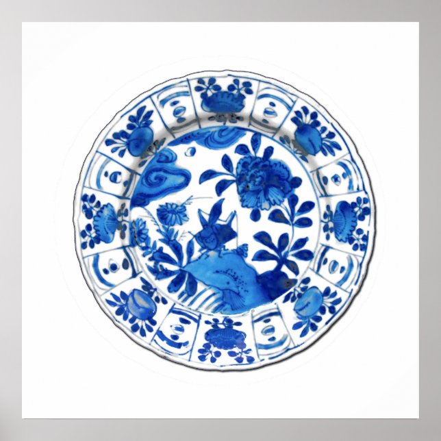 Poster Plaque chinoise antique, Peonies bleues (Devant)