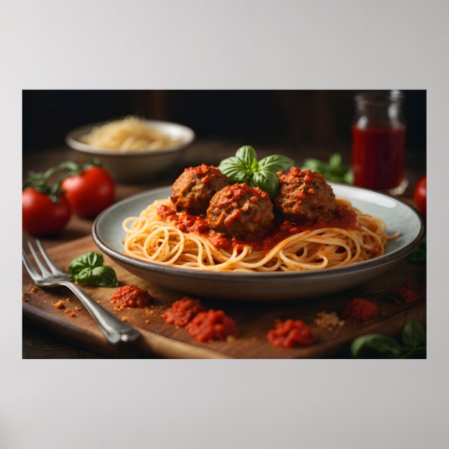 Poster Plaque de spaghetti et boulettes de viande (Devant)