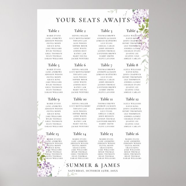 Poster Plat de Mariage floral pourpre souple Lilac (Devant)