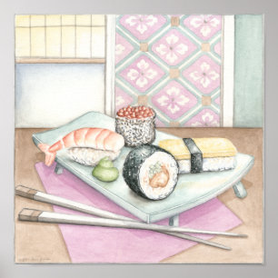 Poster Plat des sushi assortis avec des baguettes
