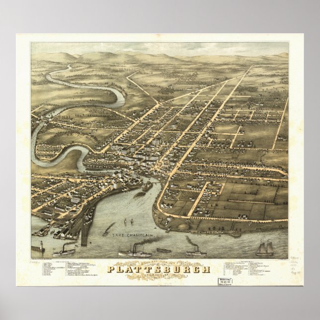 Poster Plattsburgh New York 1877 Carte panoramique antiqu (Devant)