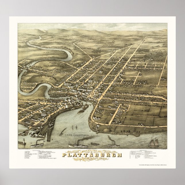 Poster Plattsburgh, NY Carte panoramique - 1877 (Devant)