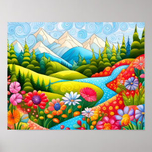 Poster Playful Mountain Meadow avec Fleurs et Stream
