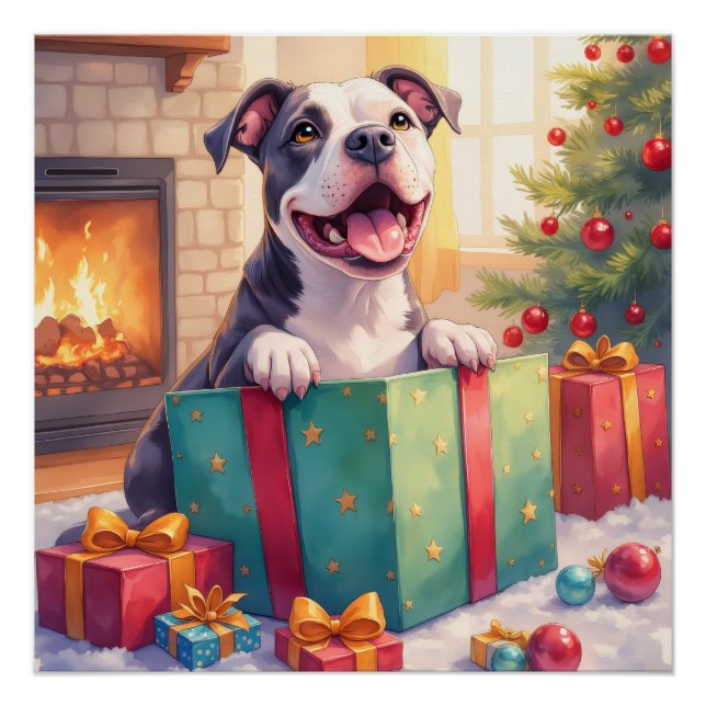 Poster Playful Pitbull Opening Christmas Gifts Holiday (Devant)