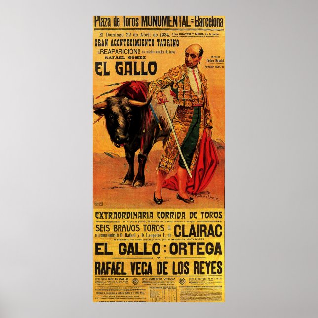 Poster Plaza del toros, torero, Barcelone, vintage (Devant)