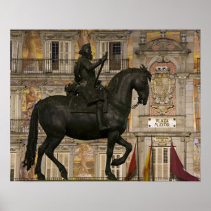 Poster Plaza Mayor avec la statue de Filipe III, Madrid,