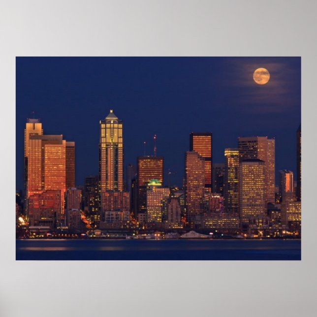 Poster Pleine lune au-dessus de la ligne d'horizon du cen (Devant)